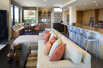 Example of a mid-sized open concept family room design in Orange County with white walls