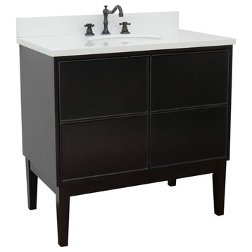 37" Single Vanity, Cappuccino Finish With White Quartz Top And Oval Sink