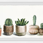 Parvez Michel Inc. - "Colored Pots and Cactus" Framed Painting Print, 45"x15" - Desert greenery in deeply shaded planters. This demure piece will add a beautiful touch of life to any living area. Proudly printed in the USA, this piece is printed on high quality archive paper and professionally hand-framed. With wall-mounting hooks included, this artful accent is ready to hang up as soon as it reaches your front door.