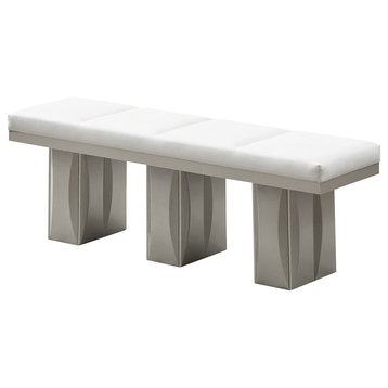 Astra Modern Upholstered Dining Bench, White Vinyl and Champagne Wood