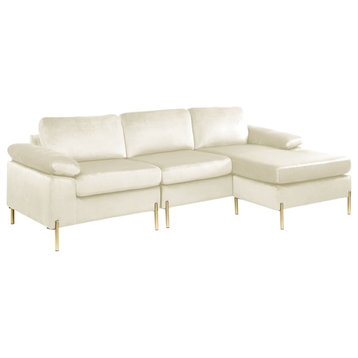 Devion Furniture Modern Velvet Sectional Sofa in Beige/Gold legs