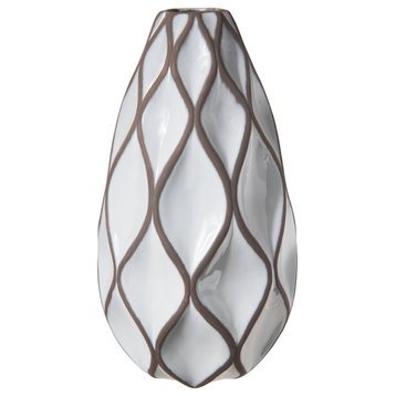 Round Ceramic Vase in Wave and Rough Edges Design Gloss White Finish, Large