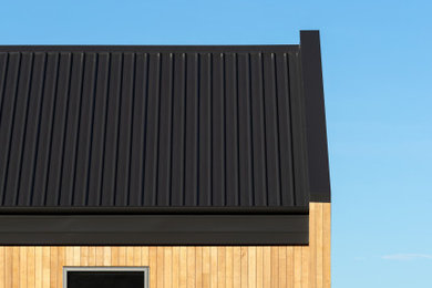 Diseño de fachada campestre con revestimiento de madera, tejado a dos aguas y tejado de metal