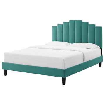 Platform Bed Frame, King Size, Velvet, Teal Blue, Modern Contemporary, Bedroom