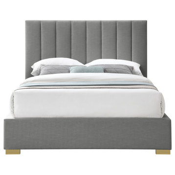 Pierce Linen Textured Fabric Upholstered Bed, Grey, Queen