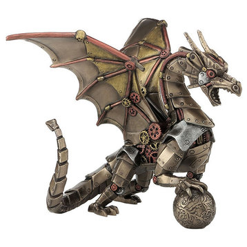 Steampunk Dragon Sitting and Holding Sphere Statue