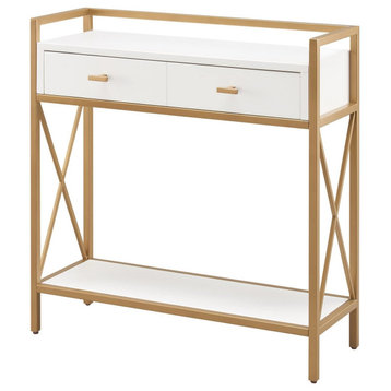 Modern Console Table, X Shaped Sides With Drawer & Lower Shelf, White/Satin Gold