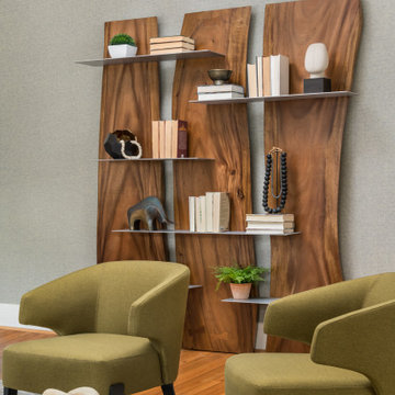 Warm Contemporary Living Room with Unique Bookshelf