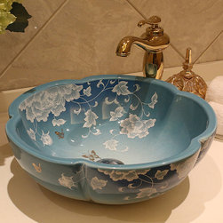 Mediterranean Peony Blue Painted Ceramic Sink - Bathroom Sinks