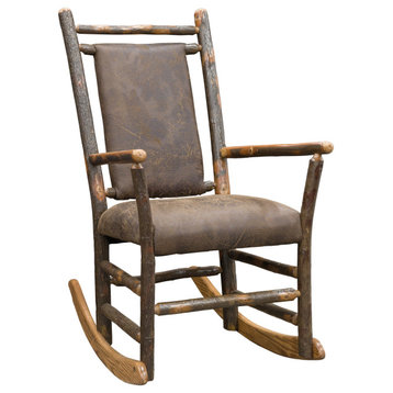 Hickory Log Rocking Chair with Faux Brown Leather Seat, Faux Brown Leather