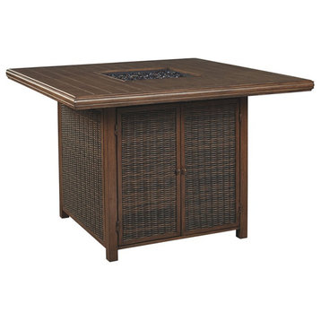 Bowery Hill Patio Fire Pit Pub Table in Brown