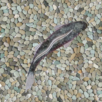 Earthtone micro pebble, rock, and stone shower floor with a Cutthroat trout fish