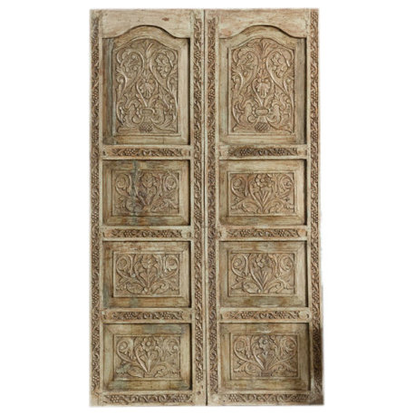 Consigned Pair of Indo French Carved Vintage Wood Sliding Barn Doors