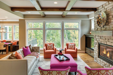 Living room - mid-sized transitional formal and open concept dark wood floor and brown floor living room idea in Other with beige walls, no fireplace and a media wall
