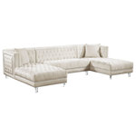 Meridian Furniture - Moda Velvet Upholstered 3-Piece Sectional, Cream - Grab a friend and get comfortable on this beautiful Moda cream velvet three-piece sectional sofa. This astounding sectional epitomizes luxurious living and features lots of room for the whole gang to get comfortable. Double chaise lounges on each end gives you space for stretching out for a quick cat nap, while deep tufting adds to the luxurious appeal of this unit. Acrylic lucite legs and a sturdy frame make this sectional a durable addition to your living room or den, while the included pillows give a homey slant to an otherwise uber contemporary sectional.