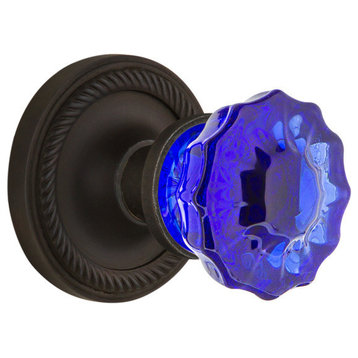 Rope Rosette Privacy Crystal Cobalt Glass Knob, Oil-Rubbed Bronze