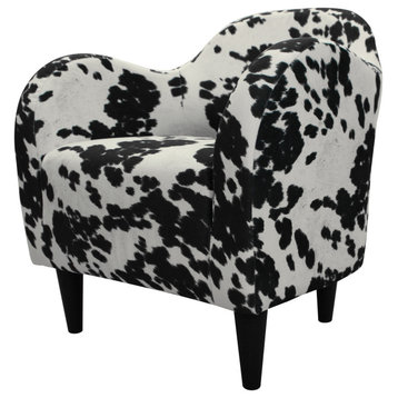 Midcentury Modern Accent Chair, Comfortable Seat With Curved Arms, Cowhide Black