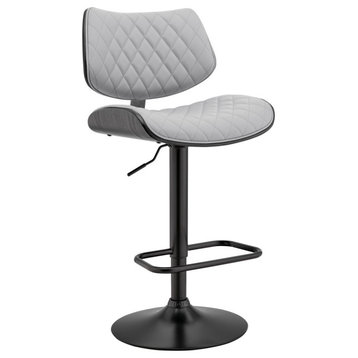 Leland Adjustable Faux Leather and Metal Bar Stool, Gray and Black