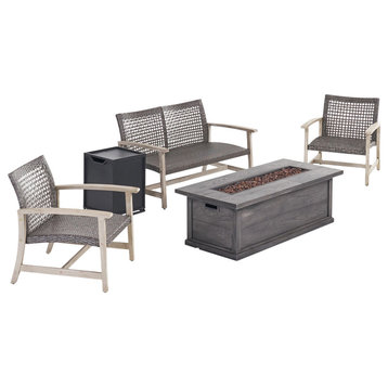 Rachel Outdoor 5-Piece Wood and Wicker Chat Set With Fire Pit, Black/Light Gray