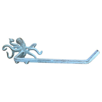 Rustic Light Blue Cast Iron Octopus Toilet Paper Holder 11'', Beach