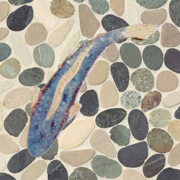 Sliced pebble, rock, and stone shower floors