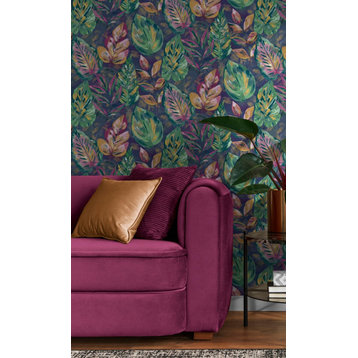 Aralia Leaves Metallic Textured Botanical Wallpaper Roll, Navy and Pink, Double Roll