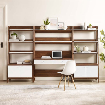 Modway Bixby 3-Piece Wood Office Desk and Bookshelf in Walnut/White
