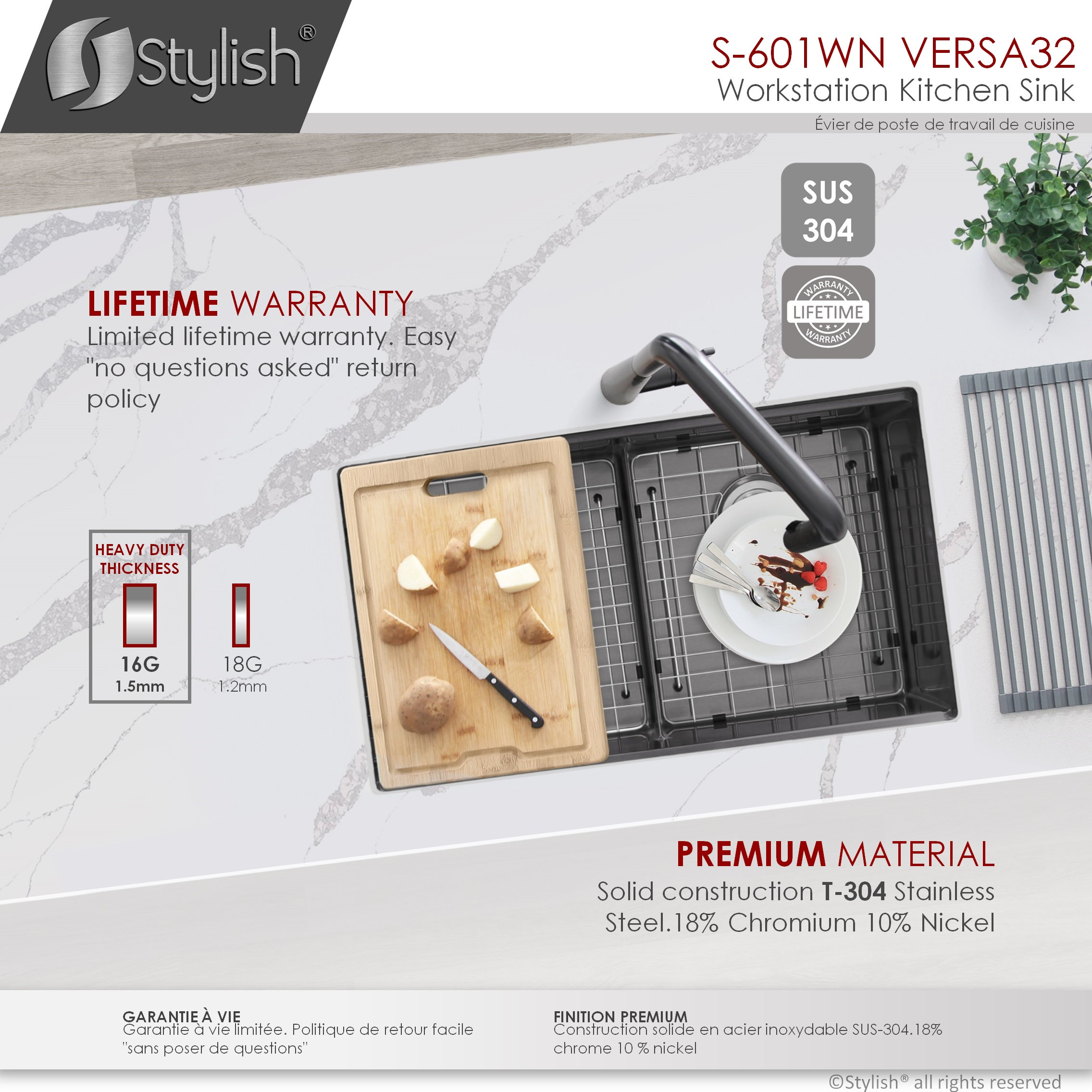 STYLISH 32"Graphite Black Workstation Double Bowl Undermount Kitchen Sink