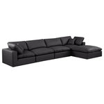 Meridian Furniture - Comfy Upholstered L-Shaped Modular Sectional, Black, 5-Piece: 2 Armless Chair, 2 Corner Chair, 1 Ottoman, Vegan Leather - Give your space a whole new look with this black Comfy vegan leather sectional. This handsome sectional fits nicely with other items in the Comfy collection and is a versatile seating option designed for adaptability, comfort and style. Wrapped in rich black durable vegan leathered upholstery, this sectional offers a plush embrace of overstuffed down feather cushions, carefully crafted to deliver the highest level of comfort. The perfect seat for creating an oasis for relaxation, this sectional has thick foam surrounding its frame for added support and coziness.