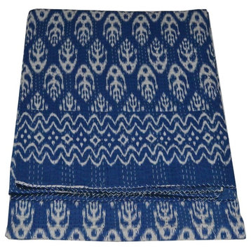 Indian Blue Ikat Print Queen Cotton Kantha Quilt Throw Blanket Gudari