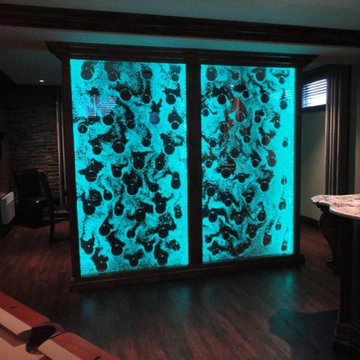 interior design with water bubble feature wooden frame