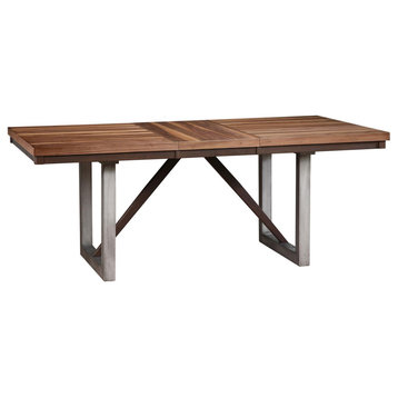 Farmhouse Dining Table, Metal Base With Expandable Wooden Top, Natural Walnut