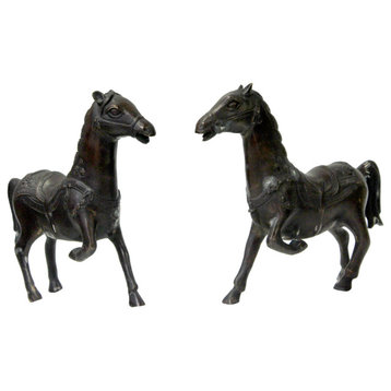 Pair Chinese Bronze Brown Metal Racing Horse Figures Hws927
