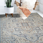 Eastern Rugs - Hand Knotted Wool Blue Traditional Oriental Heriz Rug, 8'x10' - Blue Hand Knotted Wool Traditional Heriz Rug. The nature-inspired color palette of Serapi/Heriz rugs gives them an antique look, which has historically sought after for many years. hey commonly feature intricate medallions, followed by abstract florals and geometric designs. What makes the Serapi/Heriz so desirable, is their high endurance and longevity under high traffic. Serapi/Heriz rugs are constructed by a labor intensive hand knotting process, made from thick plush piles of wool. Through a time period of nearly 200 years, Heriz Persian rugs have been a favorite choice of Europeans and Western rug enthusiasts. This Is a True Hand Knotted Rug, 100% hand spun, beautiful rug that age well.