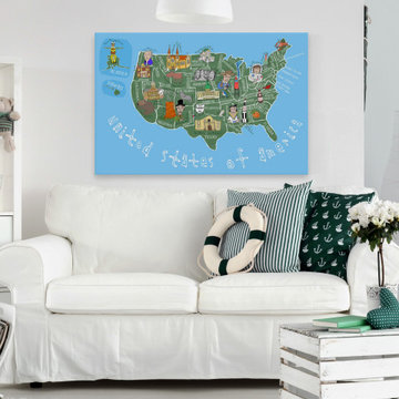 "Blue United States of America Map" Painting Print on Wrapped Canvas