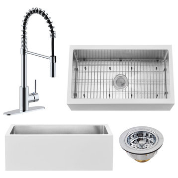 33" Single Bowl Farmhouse Solid Surface Sink and Faucet Kit, Polished Chrome