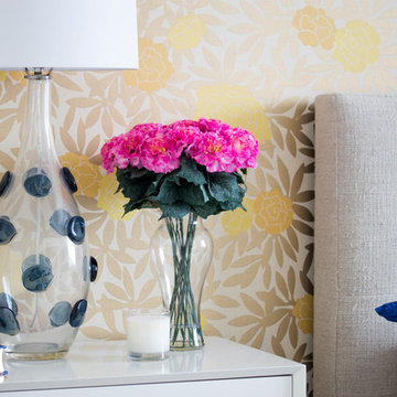 Guest Bedroom with Yellow, Gold Metallic Wallpaper and Blue Accents