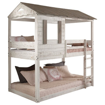 Bowery Hill Farmhouse Wood Twin over Twin Bunk Bed in Rustic White