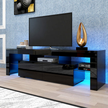 Modern Black TV benches MDF LED TV Stand w/Remote Control Lights