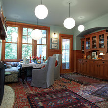 rugs overlapping living/dining/fireplace