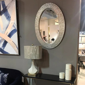 Elegant Silver Ribbed Organic Style Wall Mirror, Oval Twig Reeded Vanity Modern