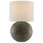Currey & Company - Brigands Table Lamp - Tom Caldwell, the designer of the Brigands Table Lamp, says the cast aluminum lamp reads like an artifact because it was reproduced to feel old and collected. The texture and muted gold, gray, and black colors make this dark gold lamp perfect as an accent in today's contemporary interiors.