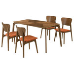 Armen Living - Kalia 5-Piece Wood Dining Set, Walnut Finish With Orange Fabric - The Kalia 5-piece Wood Dining Set from Armen Living will enhance any dining space. The dining table features softly curved edges to maintain a modern and inviting edge in any room. Included in this dining table set is 1 dining table and 4 dining chairs. The tabletop is enlivened with natural grains of wood that are juxtaposed at an angle to bring rich character. Inspired by mid-century modern design, the dining chairs embrace a soft and inviting profile. They feature a gracefully curved and contoured back that lends sturdy back support. Complemented with beautifully curved and angled legs, the chairs vouch for a sculptural and charming presence. They feature a generously padded seat to provide the perfect combo of style and comfort. This dining set is crafted in a combination of engineered and rubberwood to provide durability and easy maintenance for your daily meals and formal dinners. This dining set is available in your choice of a walnut wood finish with charcoal, blue, or orange fabric upholstery or a gray finish with gray fabric upholstery.