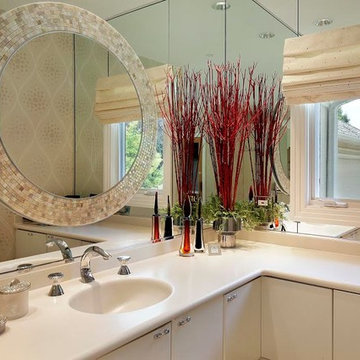 Mosaic Tile Mirror in Master Bath with Flat-Panel Cabinets