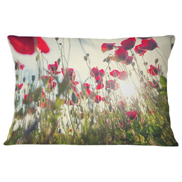 Poppy Flowers on Summer Meadow Floral Throw Pillow, 12"x20"