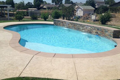 Large island style backyard stamped concrete natural pool photo in Orange County