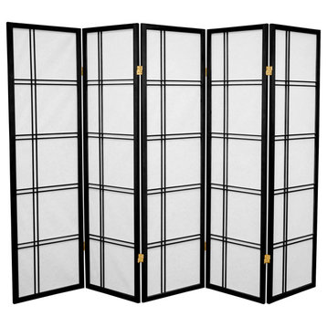 Modern Room Divider, Rice Paper Screens & Cross Lattice Pattern, Black/5 Panels