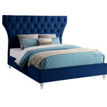 Meridian Furniture - Kira Velvet Upholstered Bed, Navy, King - Bring this Kira velvet bed into your space to give your room an instant style boost. This stunning king-sized bed features soft navy velvet upholstery, including the headboard and sideboards. Deep button tufting draws instant visual interest into your room, adding an elegant and sophisticated element that's hard to ignore. The padded design makes sitting up in bed to read or watch TV a more luxurious and comfortable endeavor. Elegant turned feet made from acrylic add a modern finish to the bed.