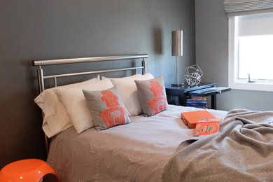 Kids' room - mid-sized industrial boy carpeted and gray floor kids' room idea in Other with gray walls
