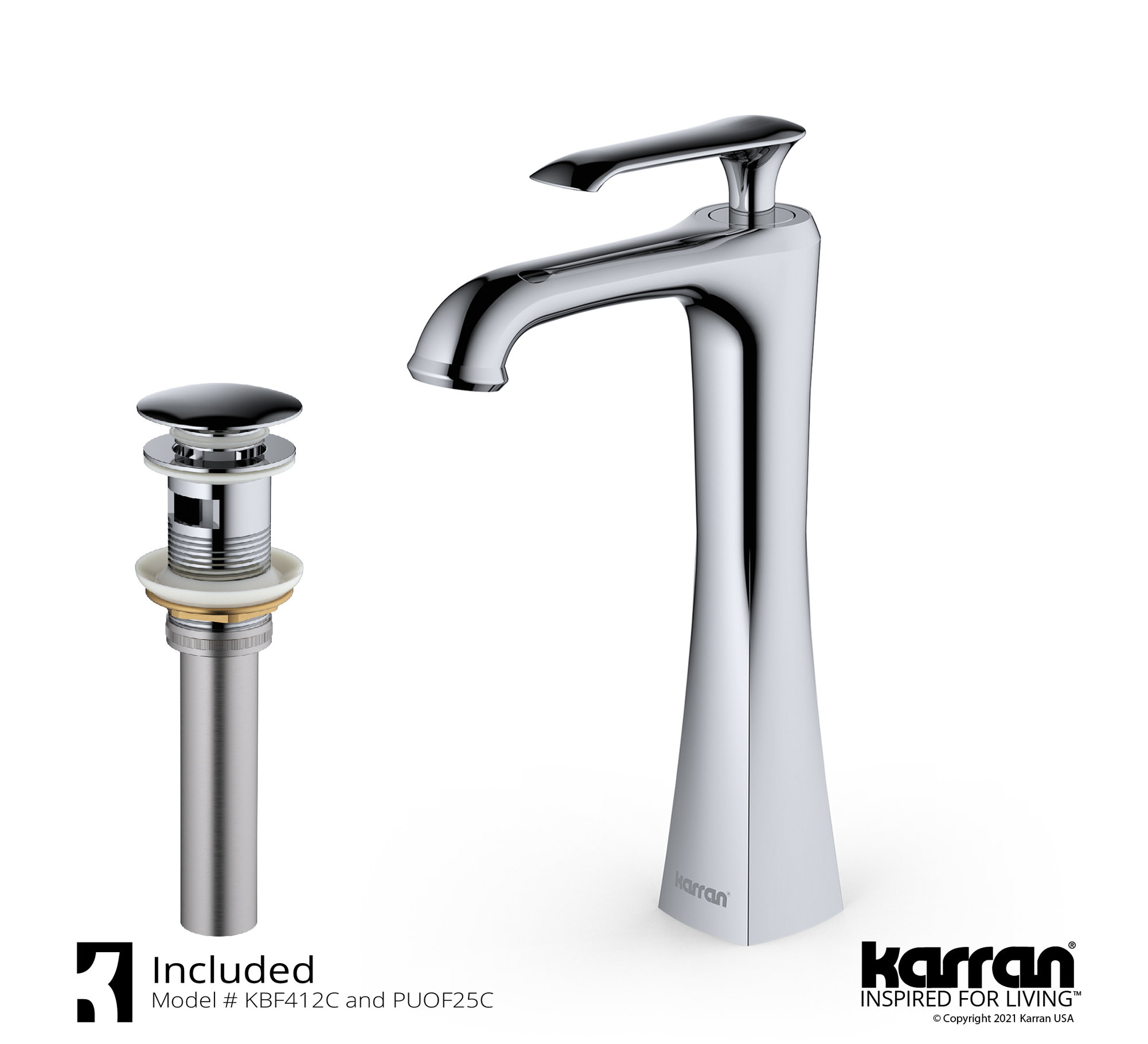 Karran 1-Hole 1-Handle Vessel Faucet With Pop-Up Drain, Chrome